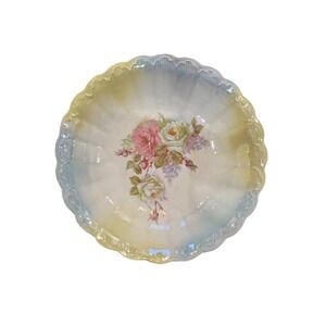 Vintage Multicolored Scalloped Edge Serving/fruit Bowl With Roses And Lilacs